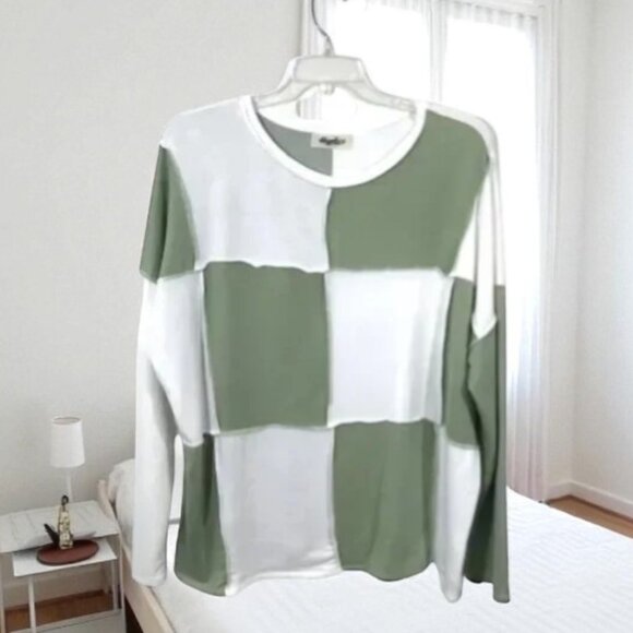 Haptics Lightweight Patchwork Top Women 3X Sage Green White Stretch - Picture 1 of 7